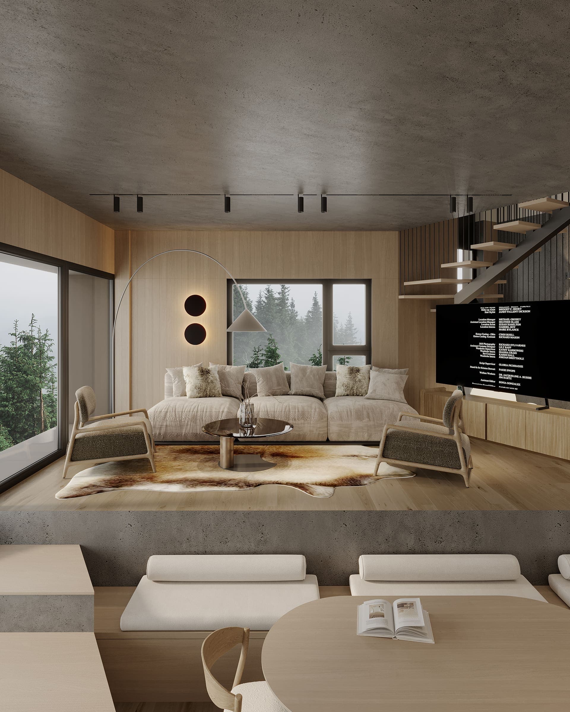Raised living area with a sofa, sheepskin rug and forest views