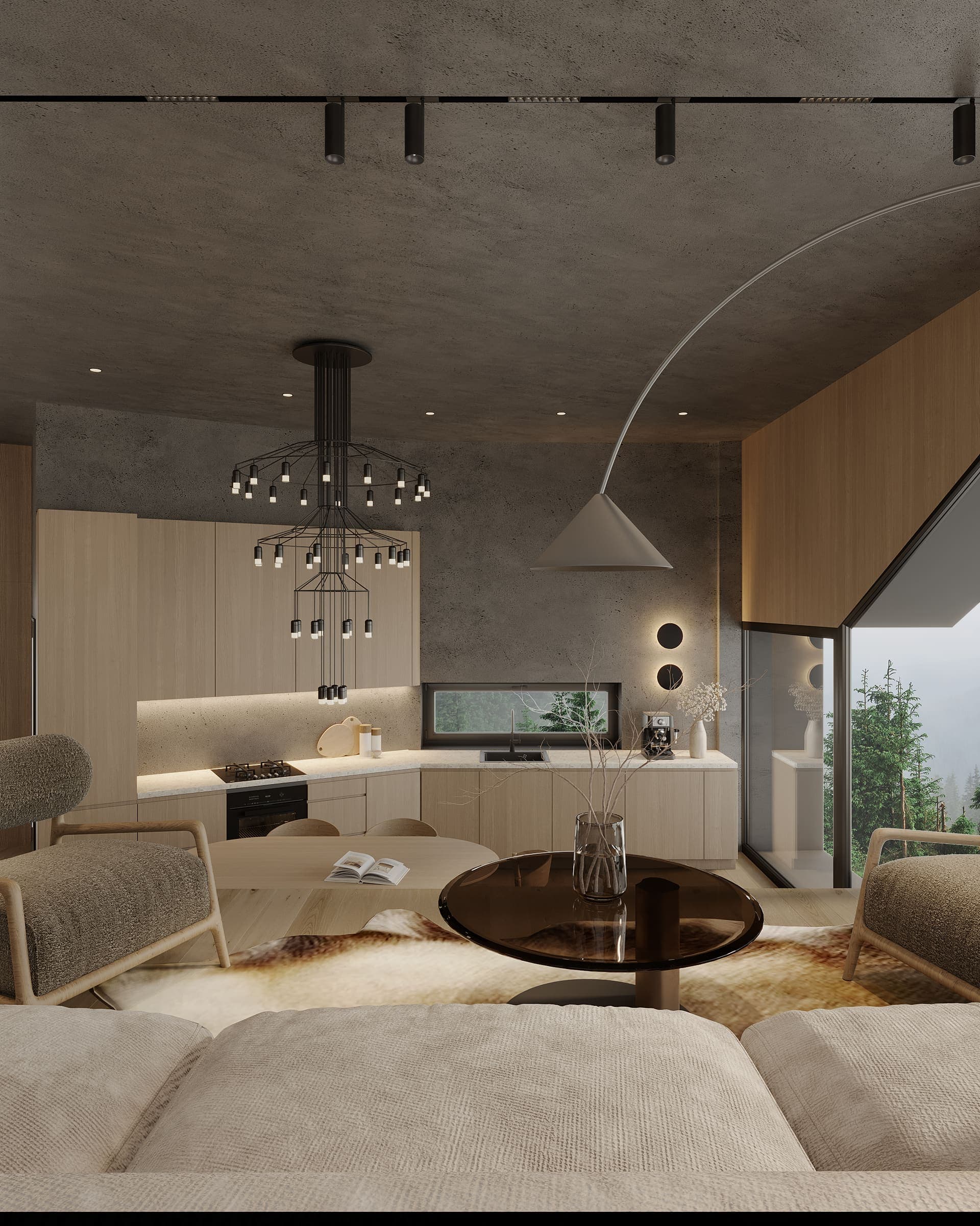 View from the sofa to the kitchen under a black chandelier