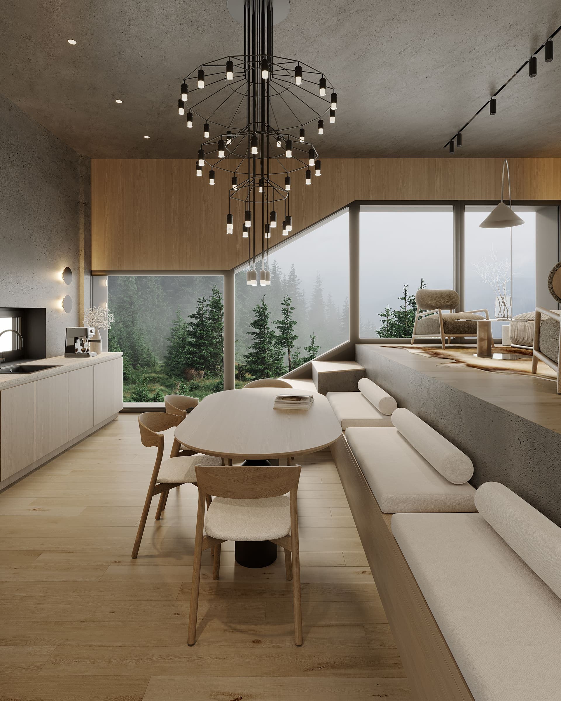 Dining table beside a built-in bench under a chandelier