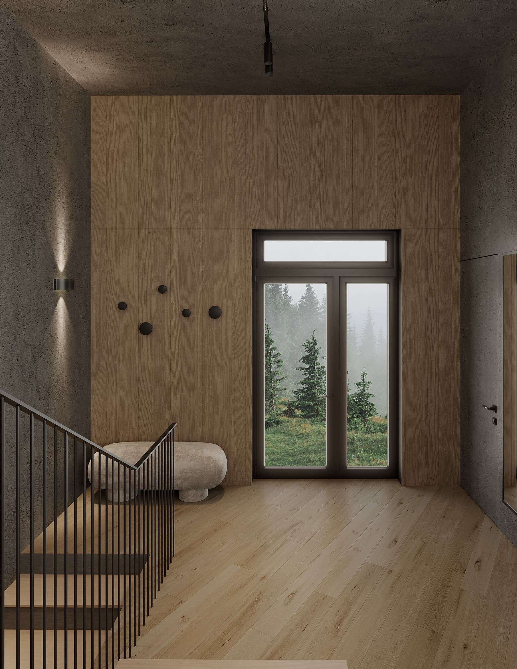 Entrance with an oak wall, coat pegs and a glazed door onto the forest