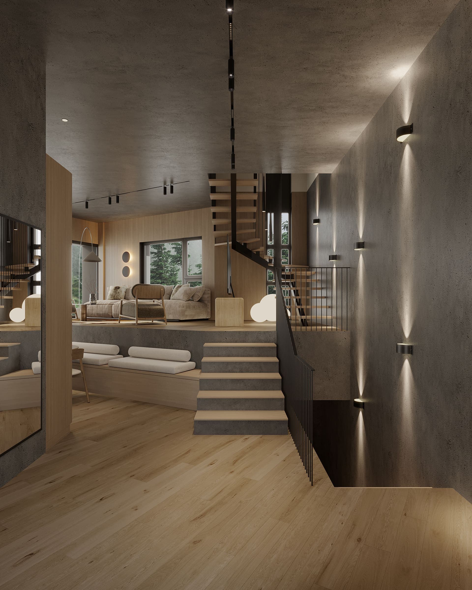 Open-tread stair and landing leading to the living area