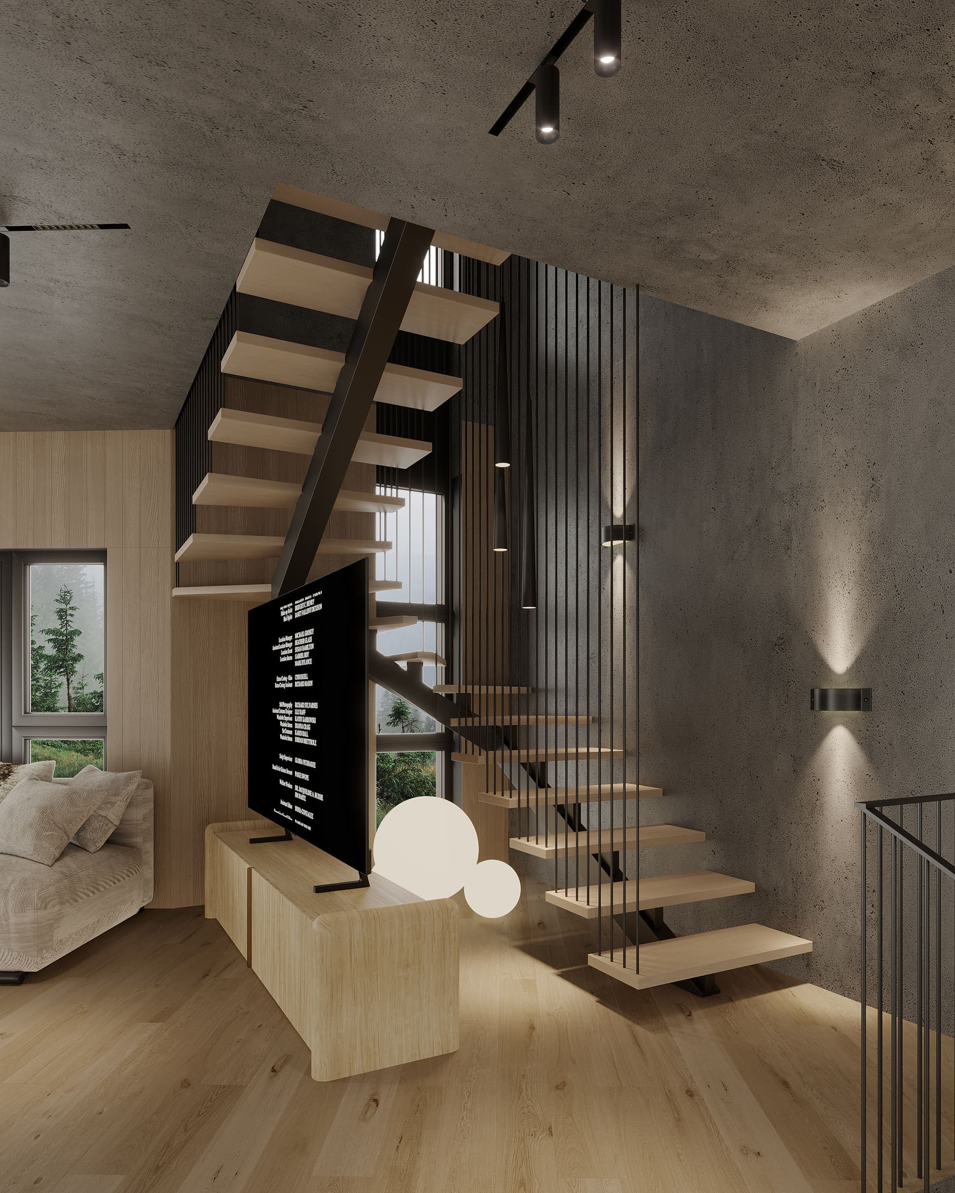 Floating oak staircase behind the TV unit