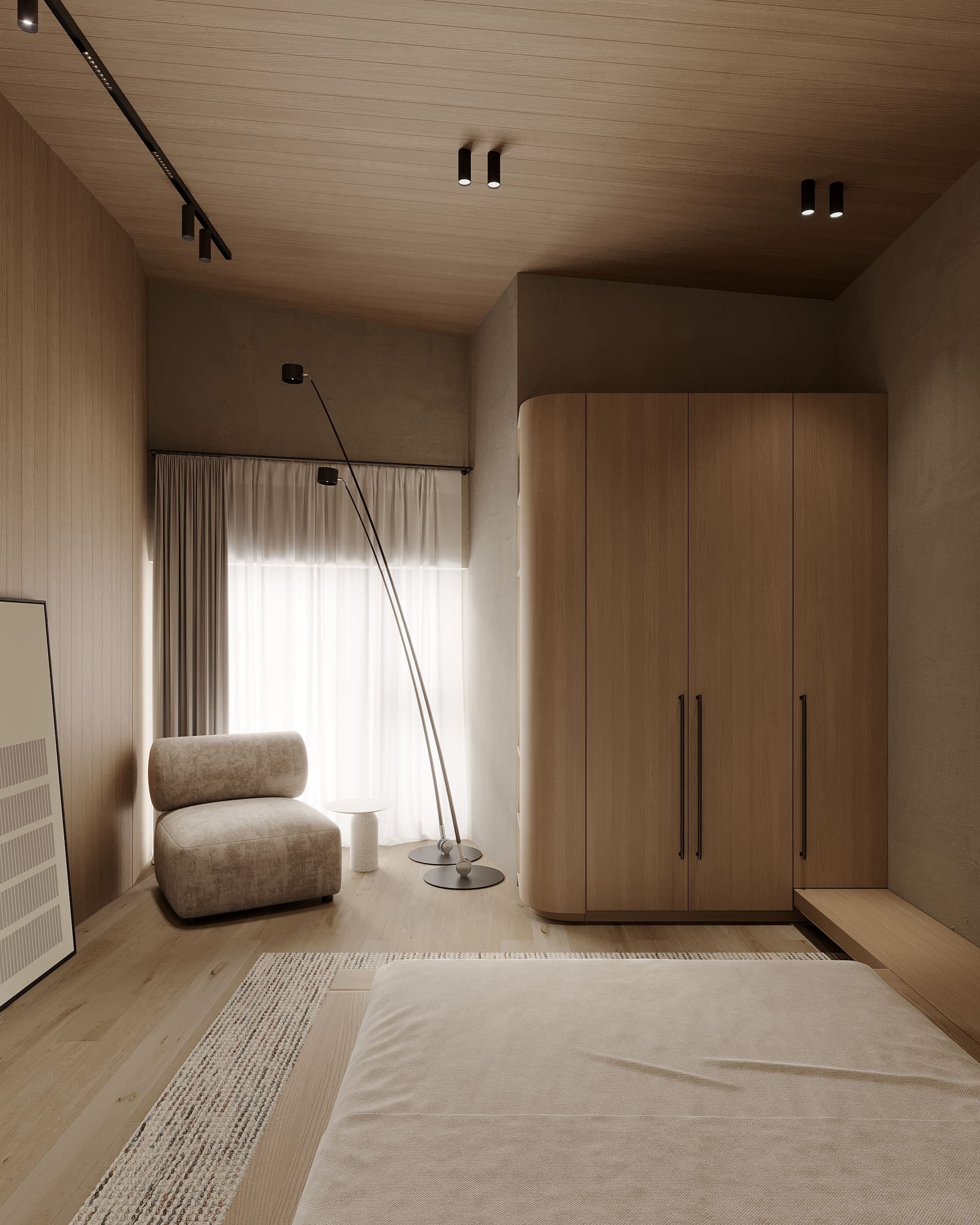 Bedroom with an oak wardrobe, arc lamp and bouclé armchair