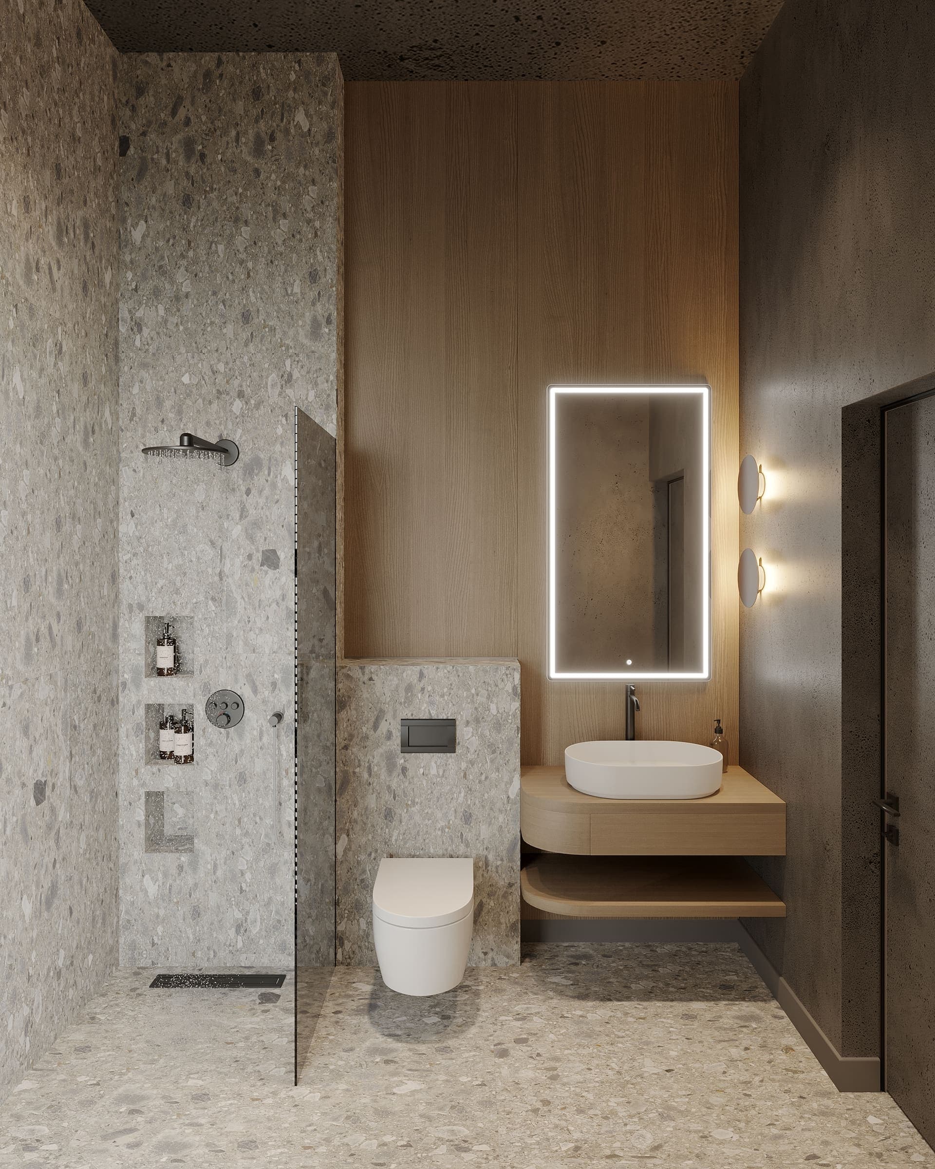 Bathroom with terrazzo walls, a lit mirror and floating oak vanity