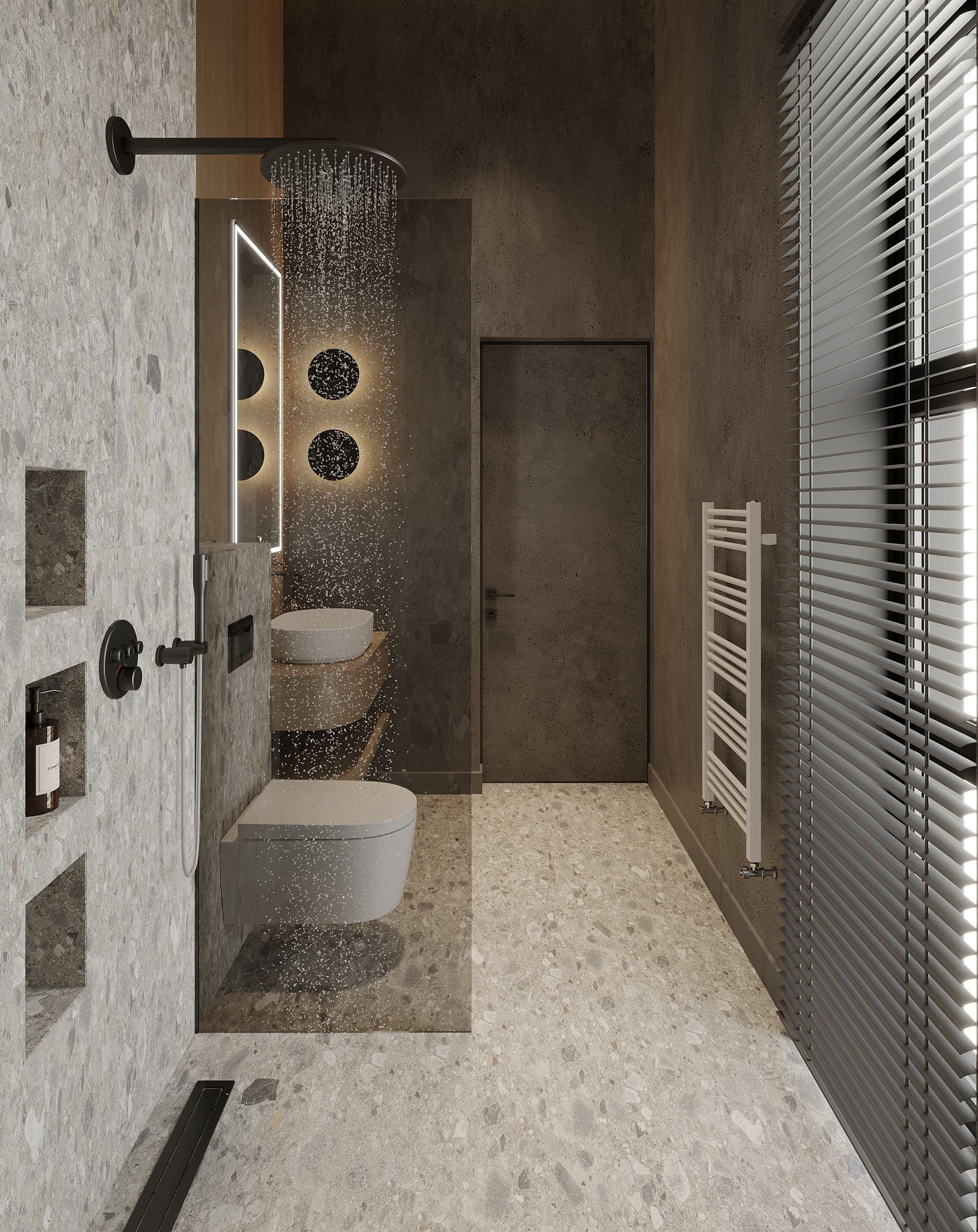 Walk-in rain shower with terrazzo walls and black fittings