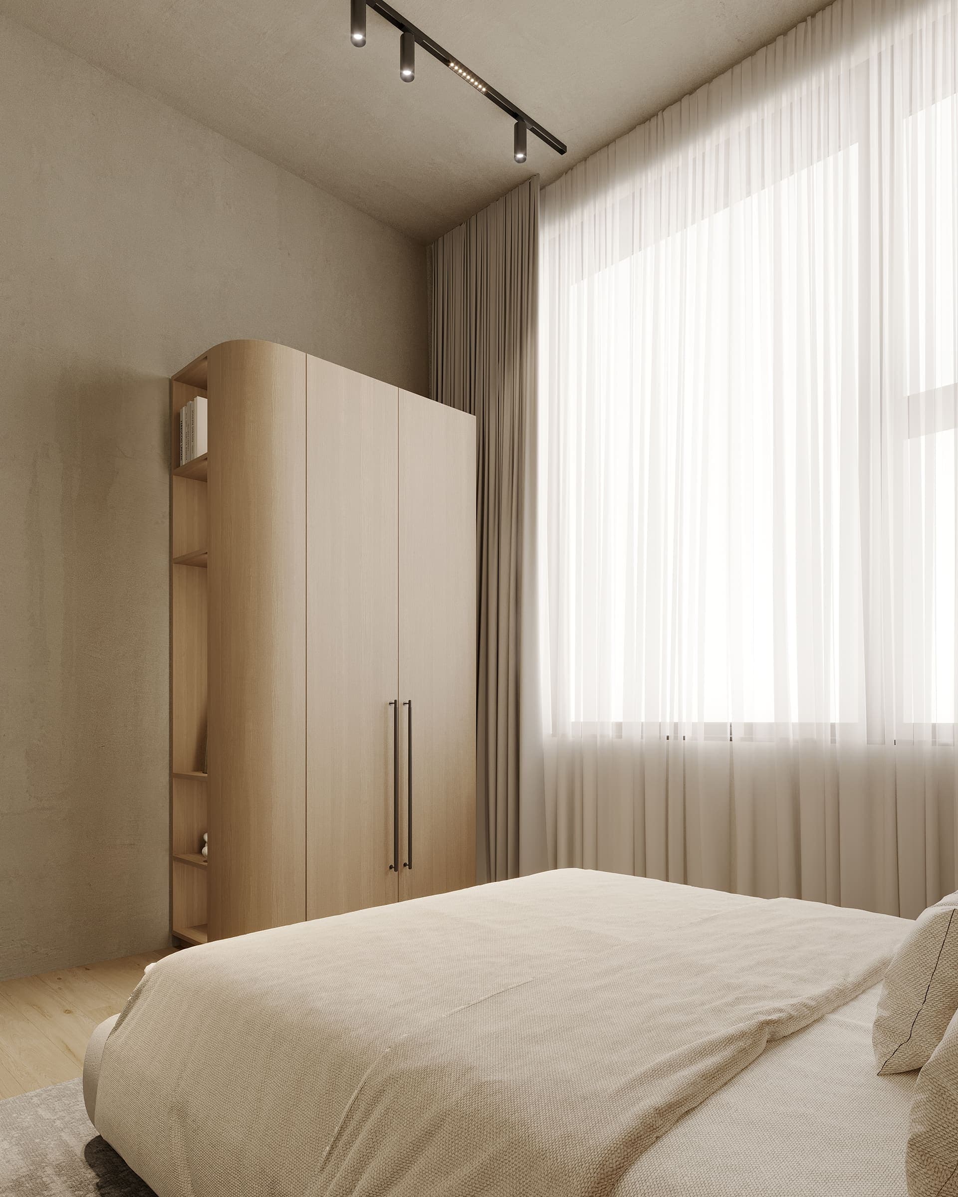 Bedroom with a curved oak wardrobe and sheer curtains